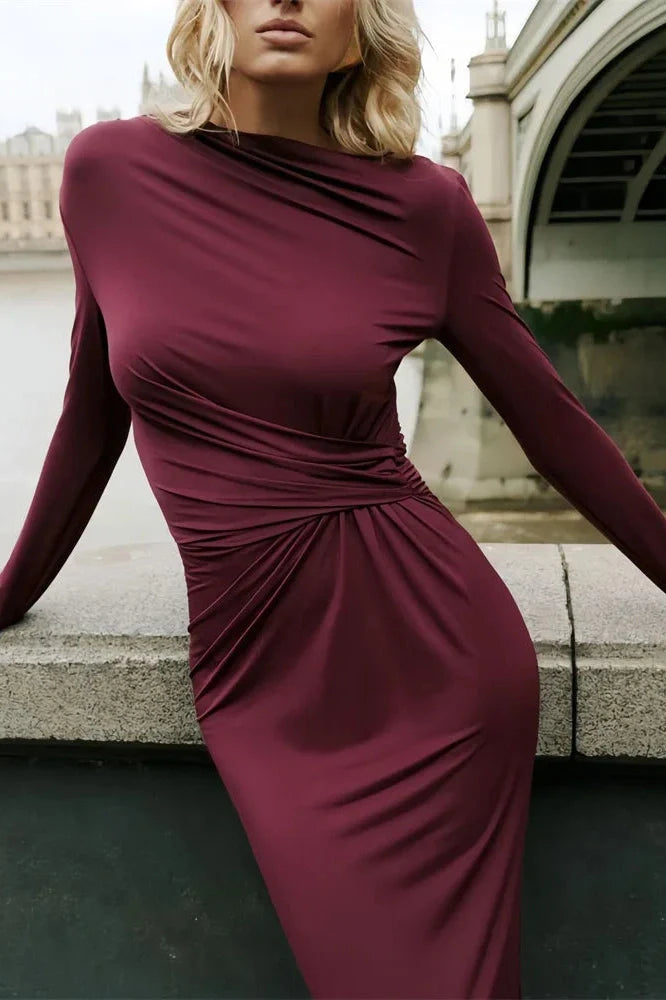 Pleated High Waist Slim Maxi Dress