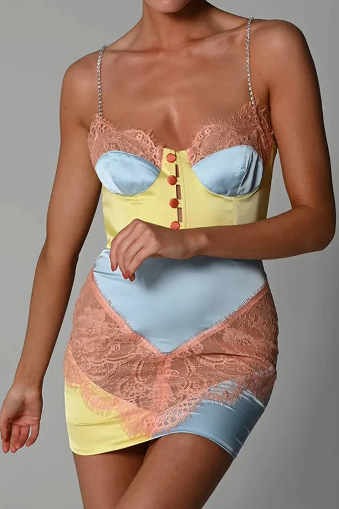 Patchwork Printed Lace Sleeveless Backless Bodycon Mini Dress