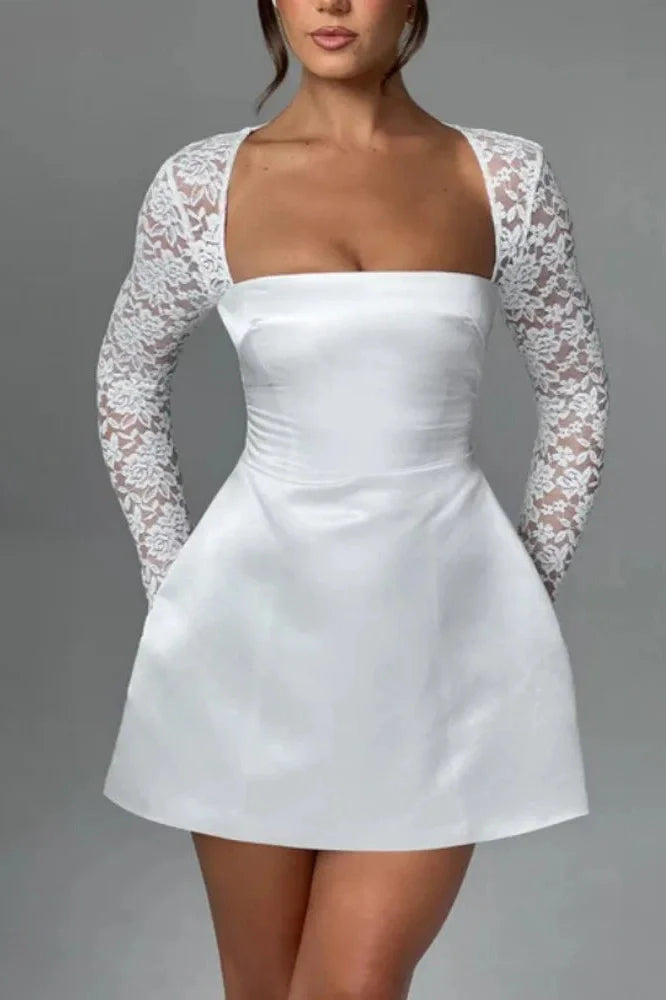 Lace Long Sleeve Square Collar Backless A-line Mini Dress