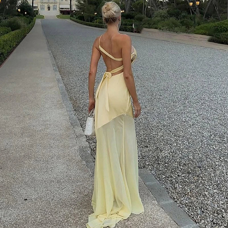 Patchwork One Shoulder Lace-Up Backless Maxi Dress