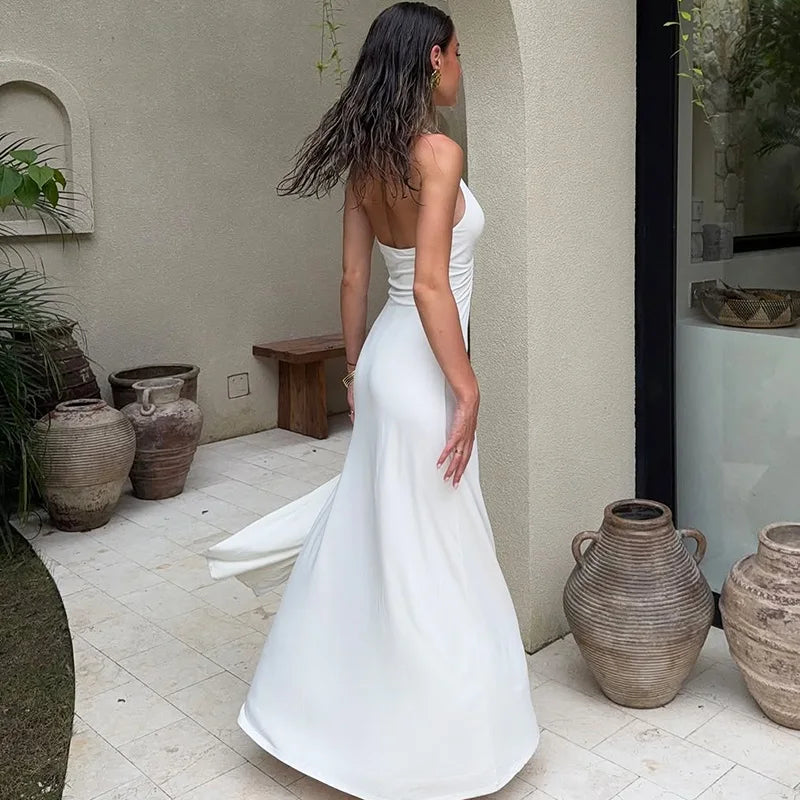 Deep V-Neck High Waist Ribbon Patchwork Maxi Dress