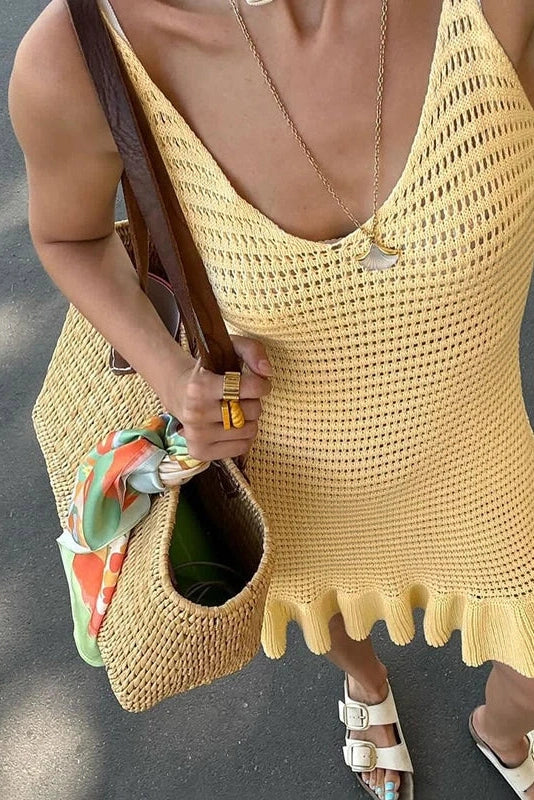 Hollow Out Knitted See Through Mini Dress