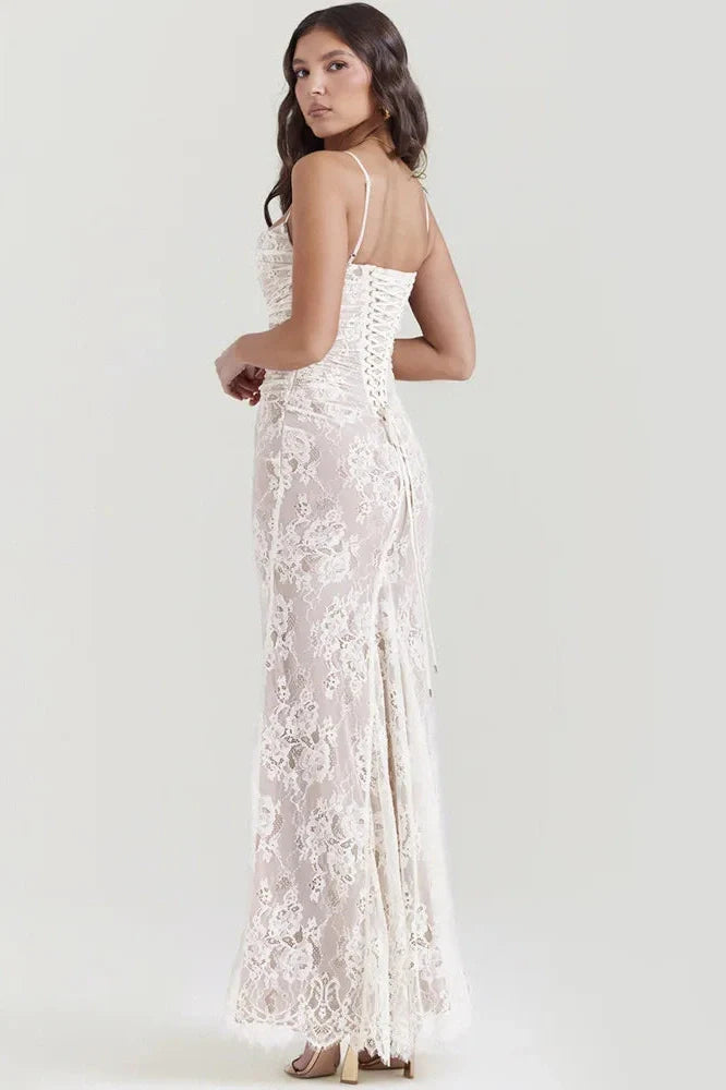 Elegant Lace Print Spaghetti Strap Long Sleeve Maxi Dress
