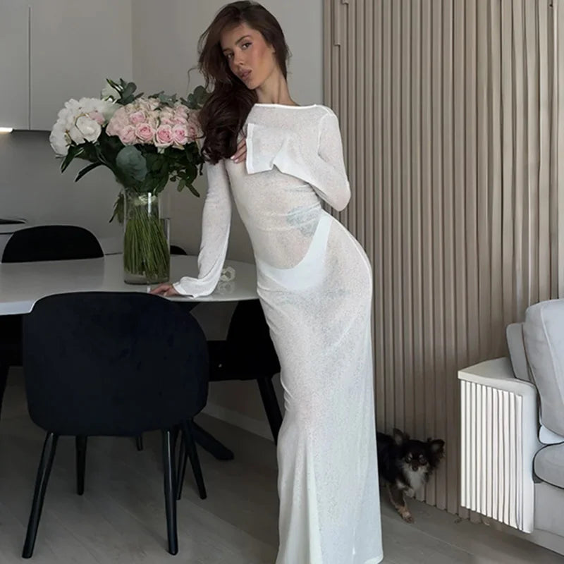 Backless See Through Patchwork Maxi Dress