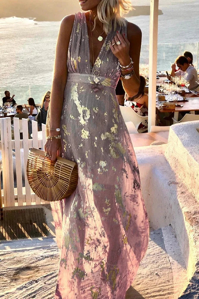Hollow High Waist Printed Sleeveless Deep V Neck Maxi Dress