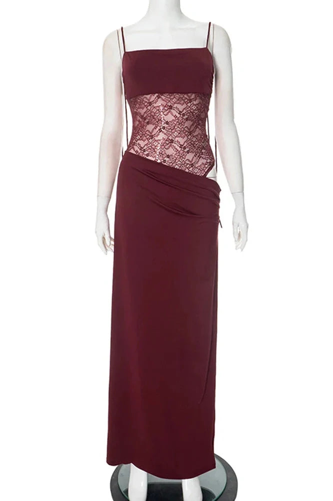 Hollow Out Lace Spaghetti Strap Lace Up Waist Slim Sleeveless Maxi Dress