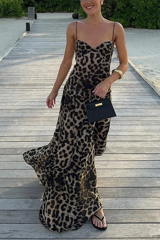 Leopard Print High Waist Sleeveless V Neck Pleated Maxi Dress