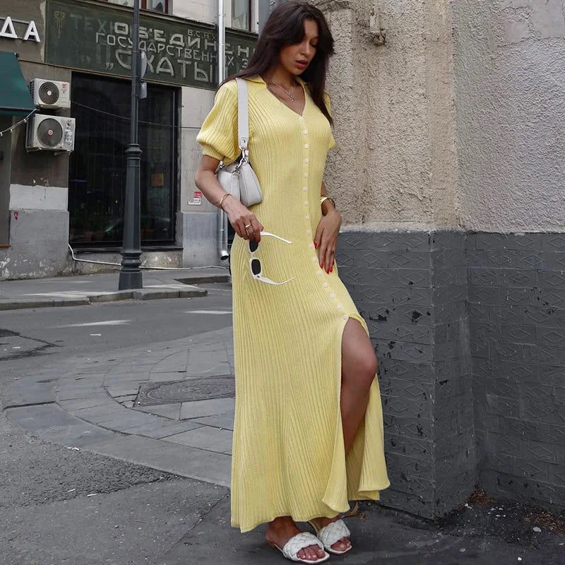 V-Neck Single Breasted High Waist Maxi Dress