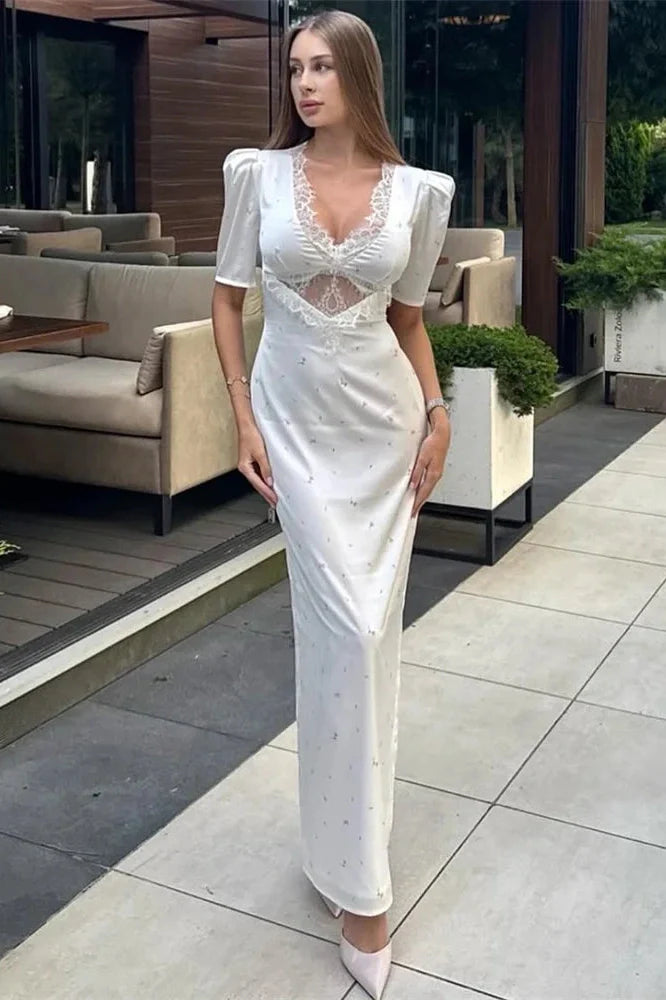 Hollow Out V-Neck Lace Short Sleeve Patchwork Maxi Dress