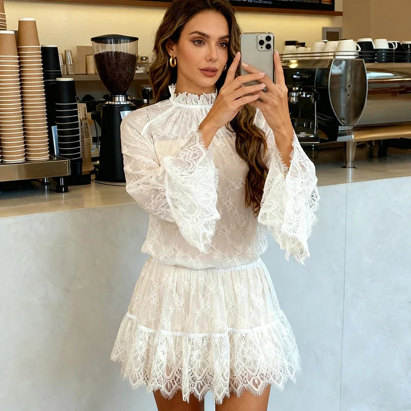 See Through Lace Long Sleeve High Waist Mini Dress