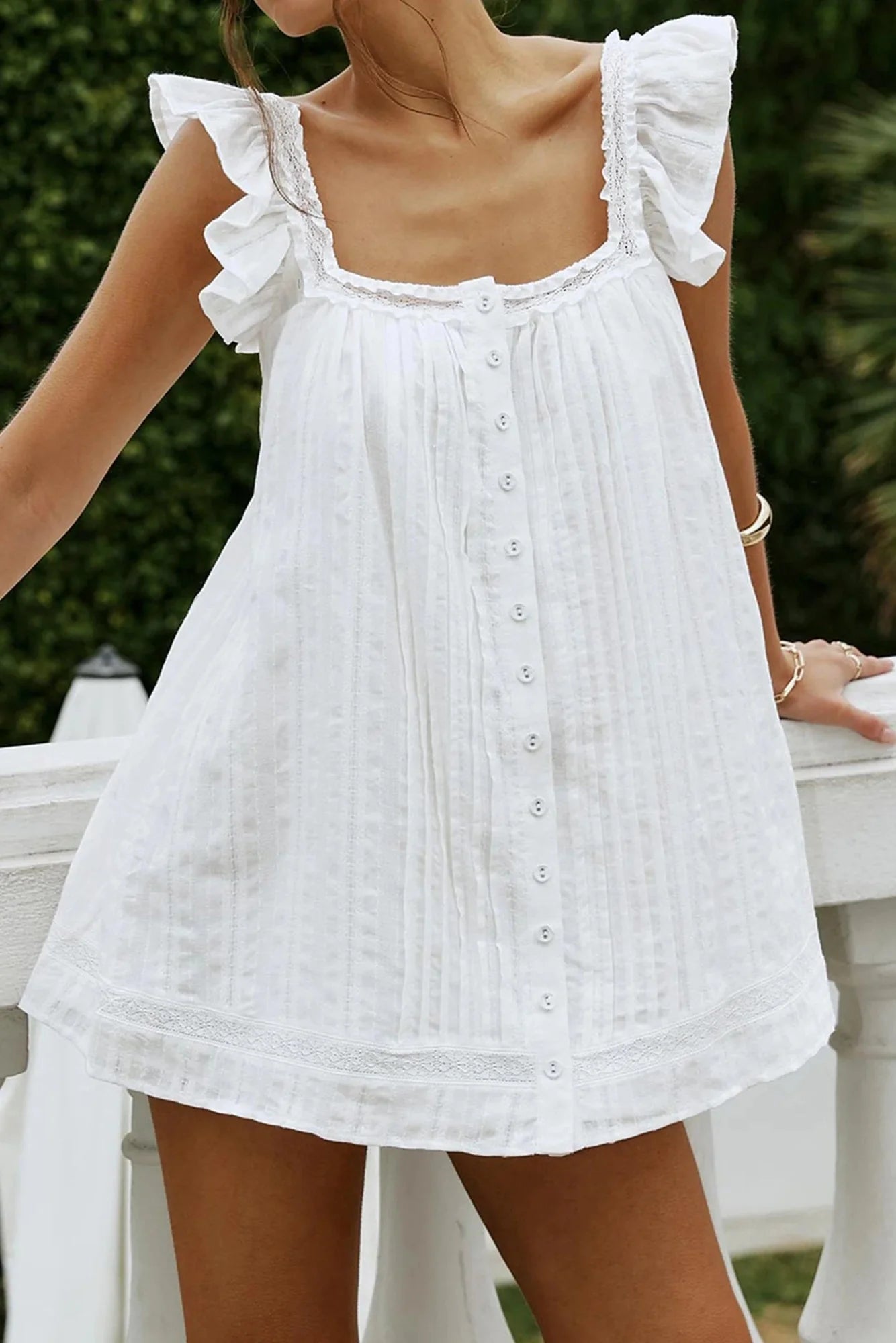 Sleeveless Square Neck Pleated Mini Dress