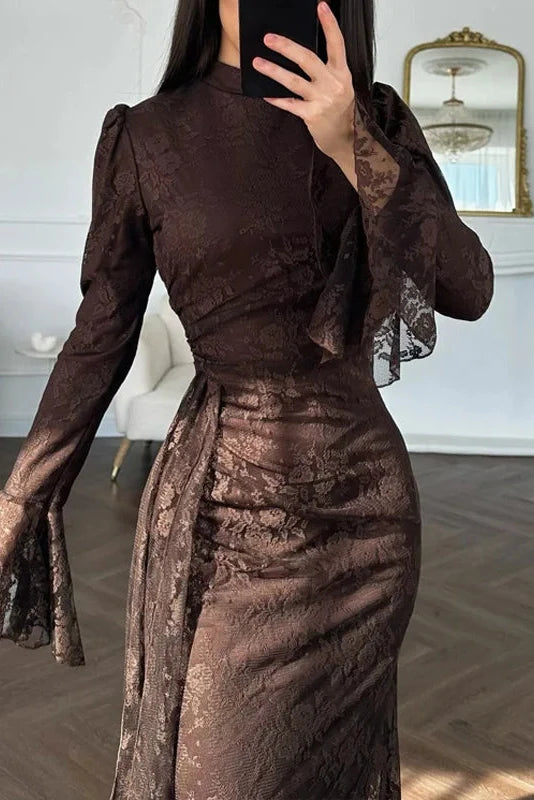 Pleated Lace Slim High Waist Maxi Dress