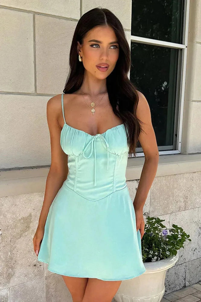 Spaghetti Strap Lace-Up Sleeveless Backless High Waist A-Line Mini Dress