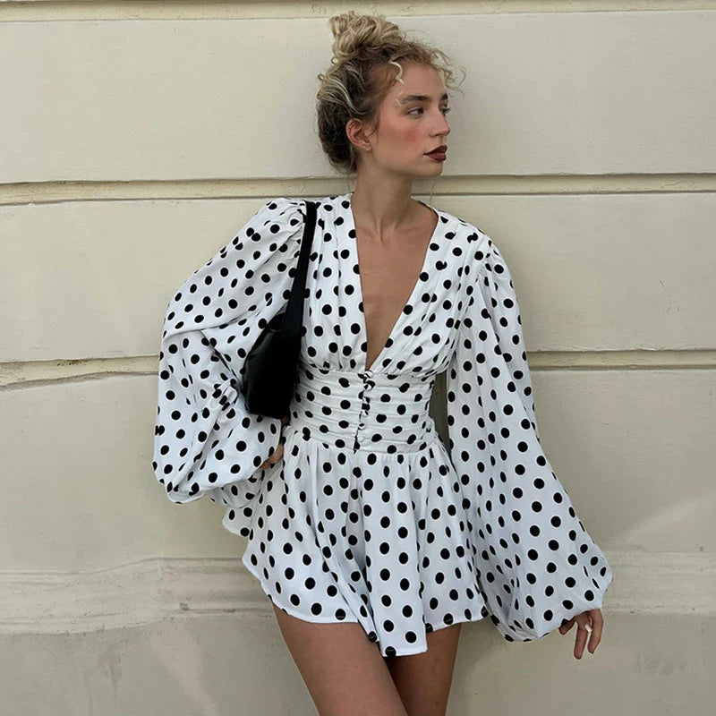 Polka Dot Print Deep V-Neck Single-Breasted Mini Dress