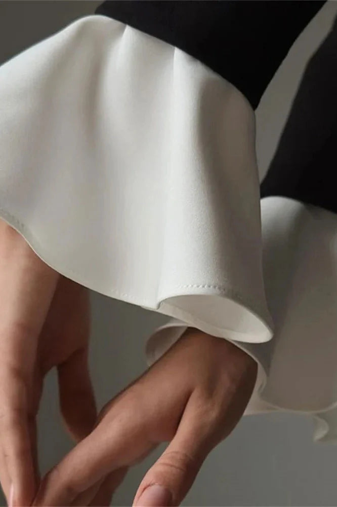 Patchwork Zipper High Waist Long Sleeve Midi Dress