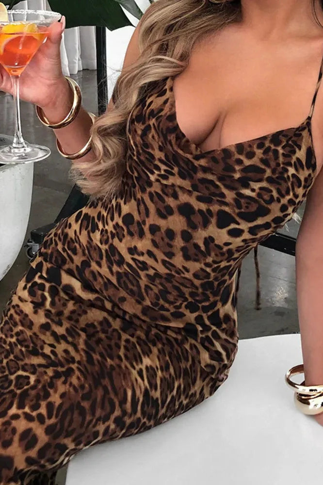 Leopard Print Spaghetti Strap Sleeveless Maxi Dress