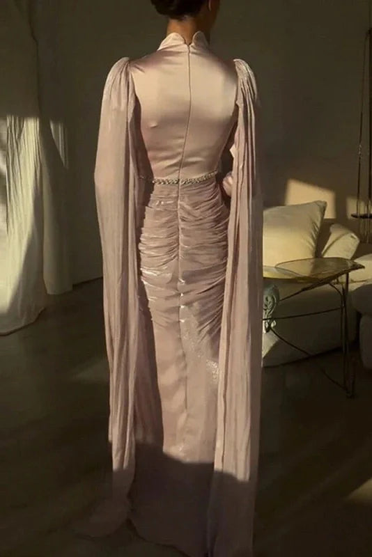 Long Sleeve High Waist O-Neck Pleated Maxi Dress