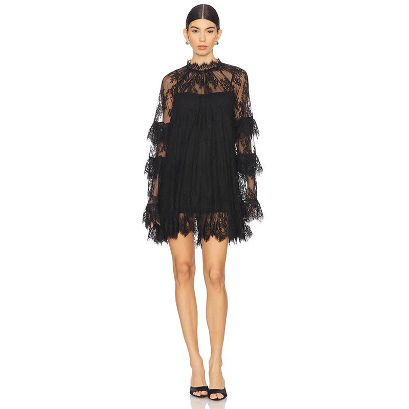 Lace See-Through Long Sleeve Loose Mini Dress