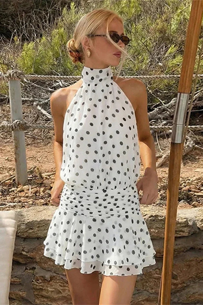 Backless Off-Shoulder Pleated Lace-Up Mini Dress