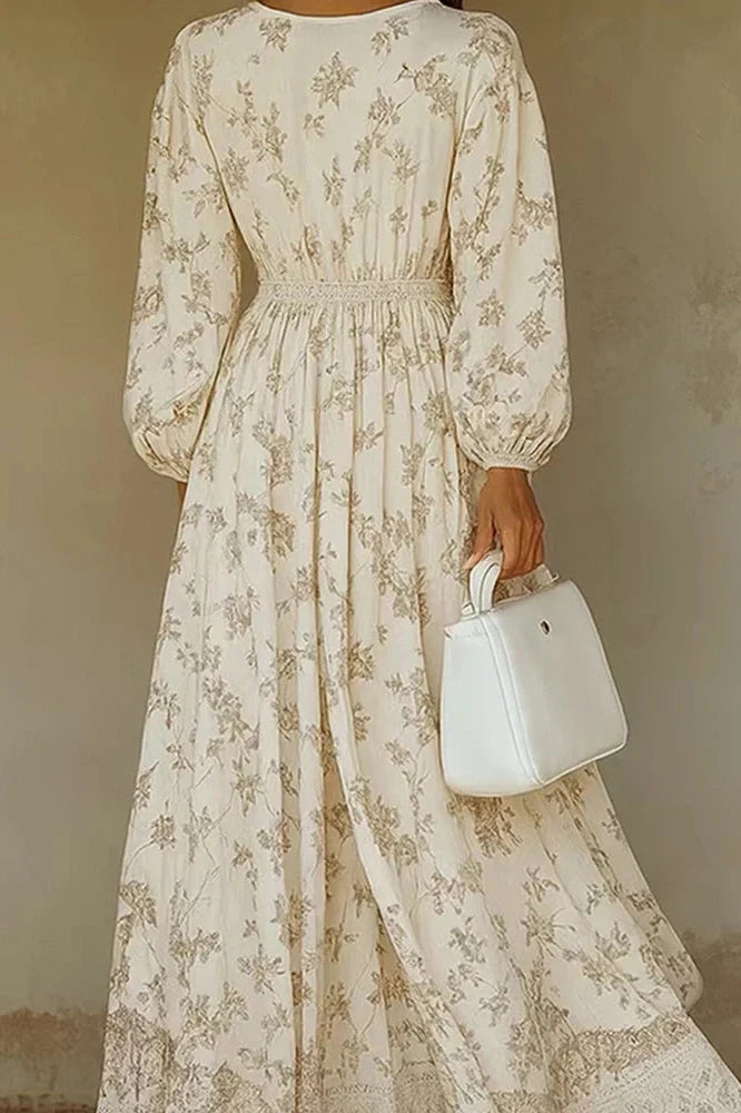 Elegant Long Sleeve Lace V-Neck Printed Maxi Dress