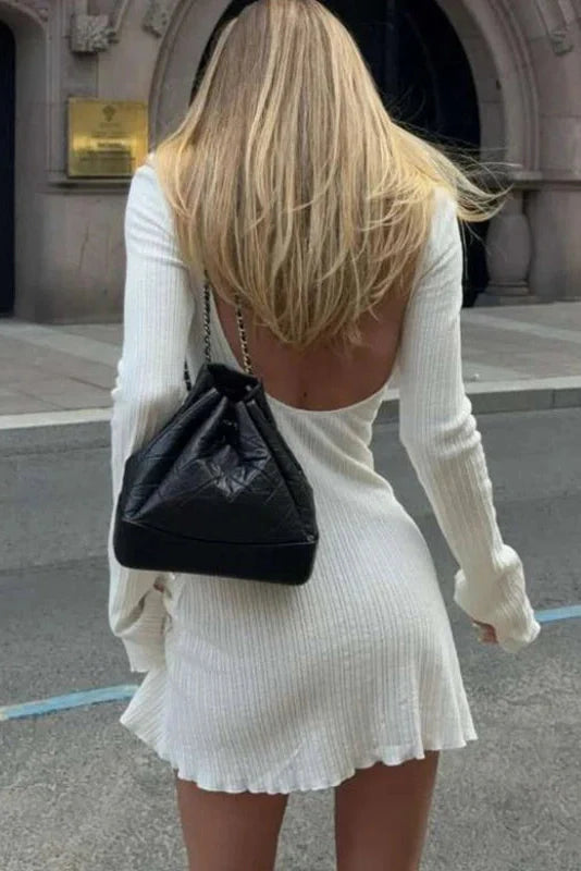 Elegant Backless Round Neck High Waist Long Sleeve Mini Dress