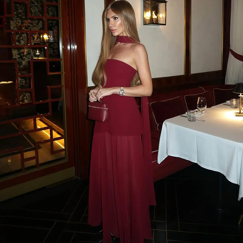 Elegant Strapless Scarf Ribbon Patchwork Maxi Dress