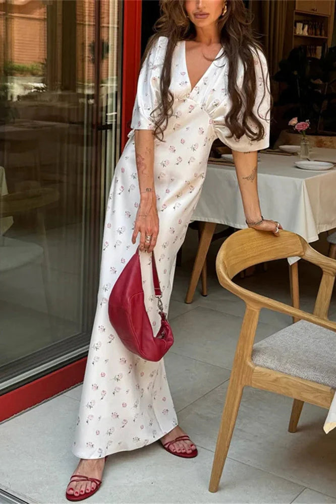 Printed V-Neck High Waist Slim Maxi Dress
