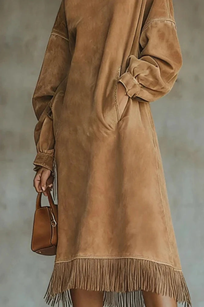 Elegant High Collar Loose A-Line High Waist Pocket Midi Dress