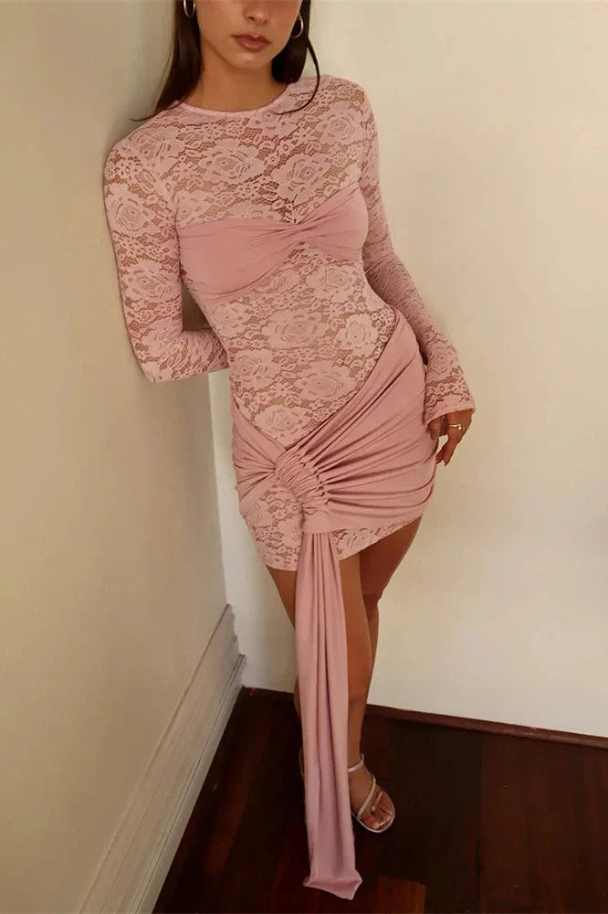 Lace See-Through Printed Long Sleeve Pleated Mini Dress