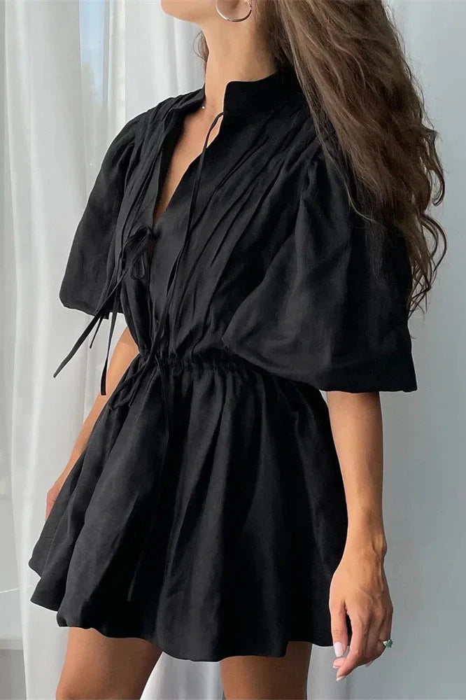 Lace-Up Short Sleeve V-Neck High Waist Mini Dress