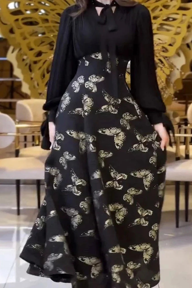 Elegant High Waist Printed Long Sleeve Pleated Maxi Dress