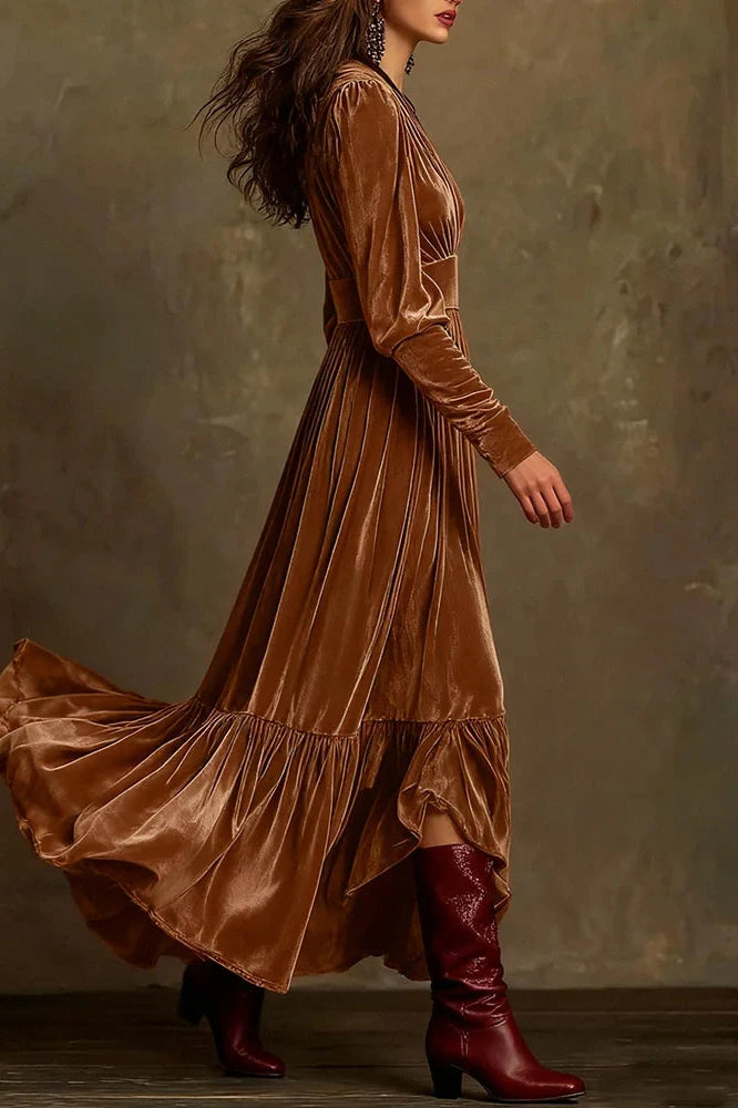 Elegant V-Neck Long Sleeve Pleat Maxi Dress