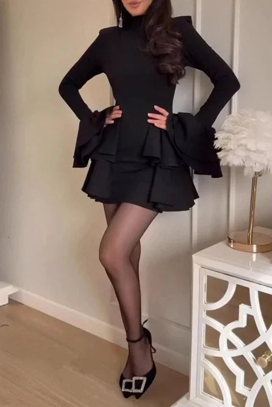 Slim Pleated A-Line Turtleneck Long Sleeve Mini Dress