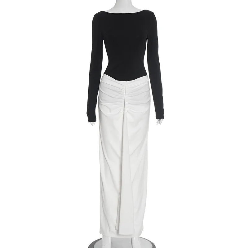 Backless Round Neck Patchwork Long Sleeve Maxi Dress