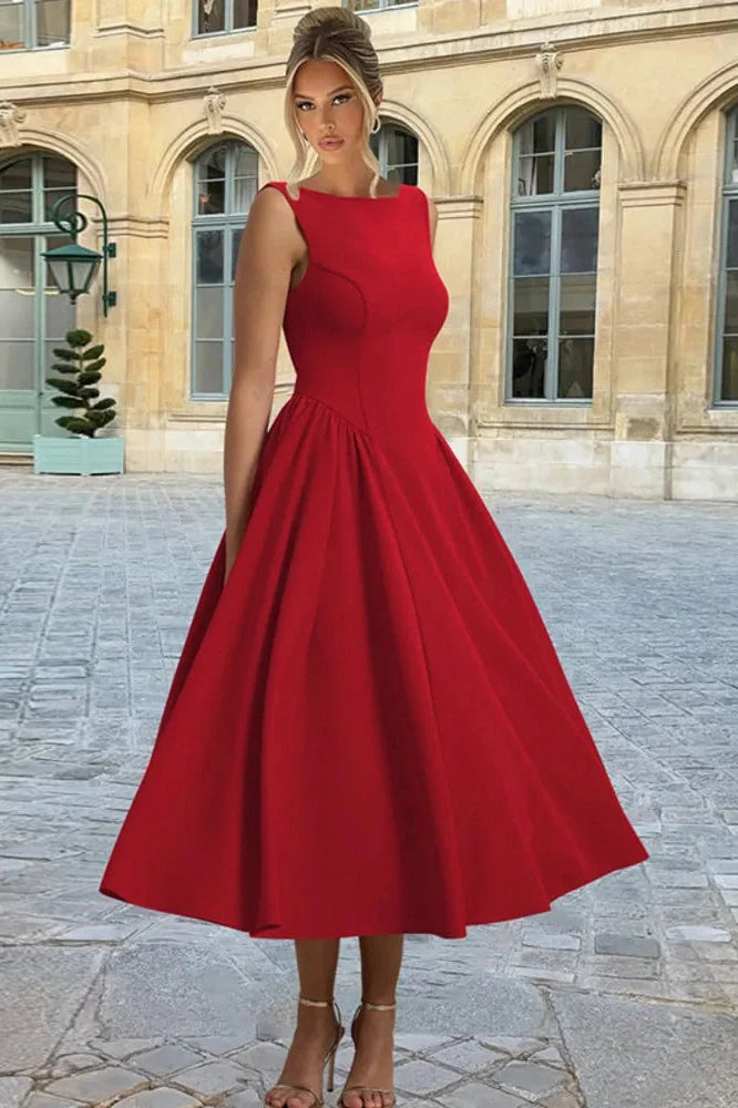 Sleeveless Pleated O Neck High Waist A-Line Midi Dress