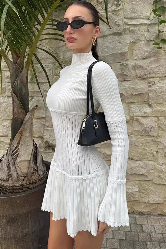 Elegant Slim Knitted Turtleneck Sleeves High Waist Mini Dress