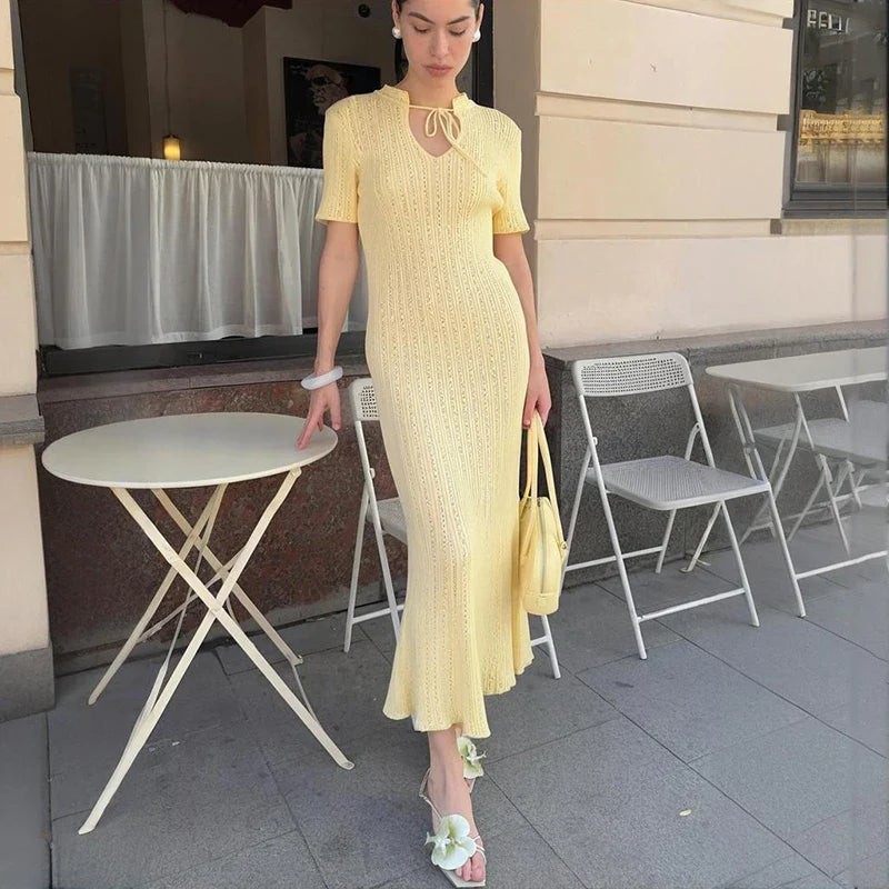 Knitted Short Sleeve Slim High Waist Maxi Dress
