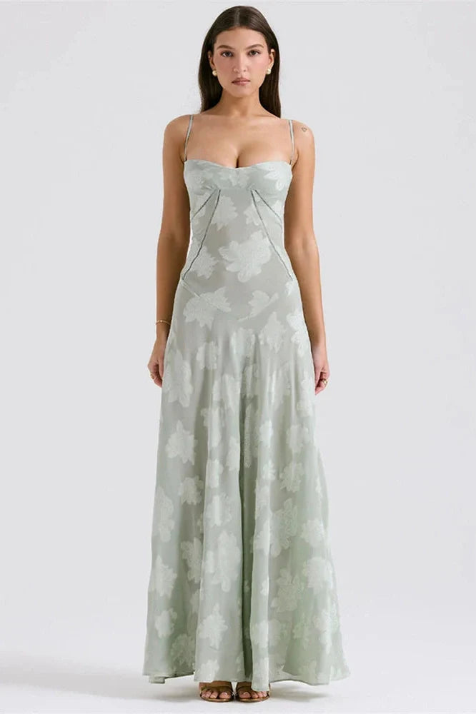 Elegant Print Spaghetti Strap Sleeveless Backless Maxi Dress