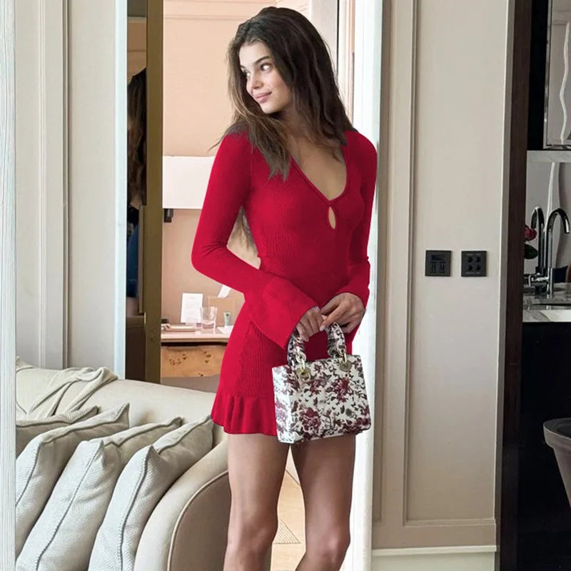 V-Neck Hollow Out Long Sleeve Mini Dress