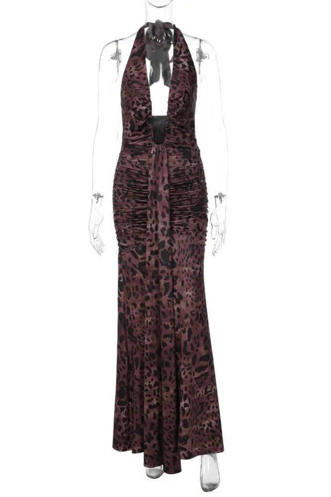 Printed Backless Deep V Neck Sleeveless Bodycon Maxi Dress