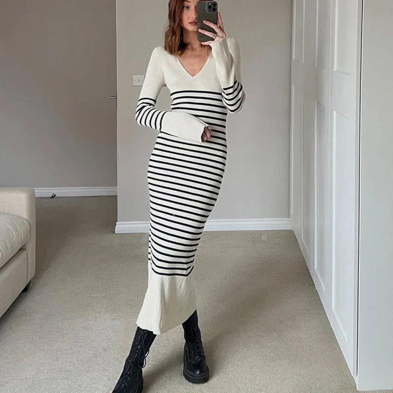 Striped Knitted V-Neck Long Sleeve Midi Dress