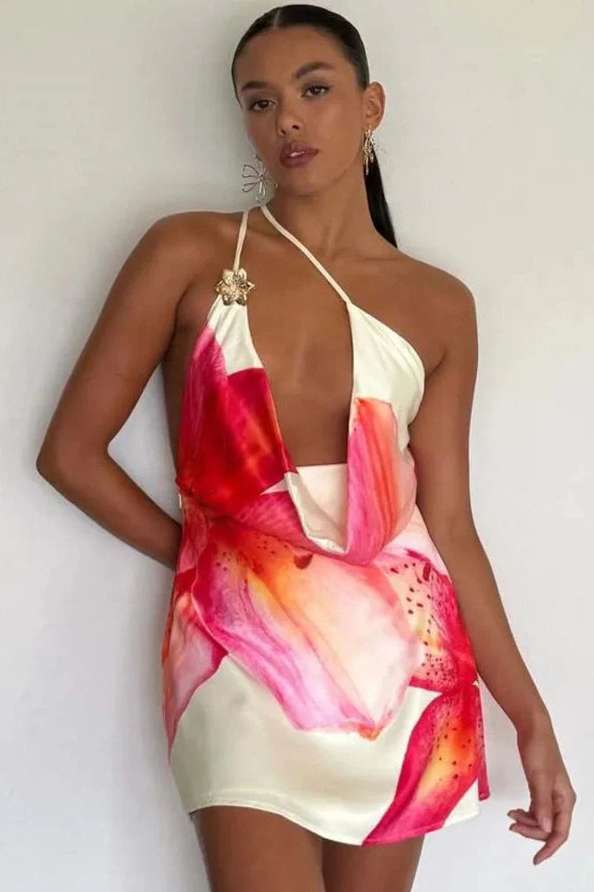 Hollow Out One Shoulder Backless Print Sleeveless Mini Dress