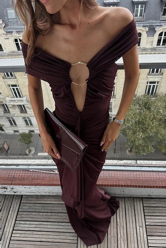 Hollow Out Slash Collar Slim High Waist Pleated Maxi Dress
