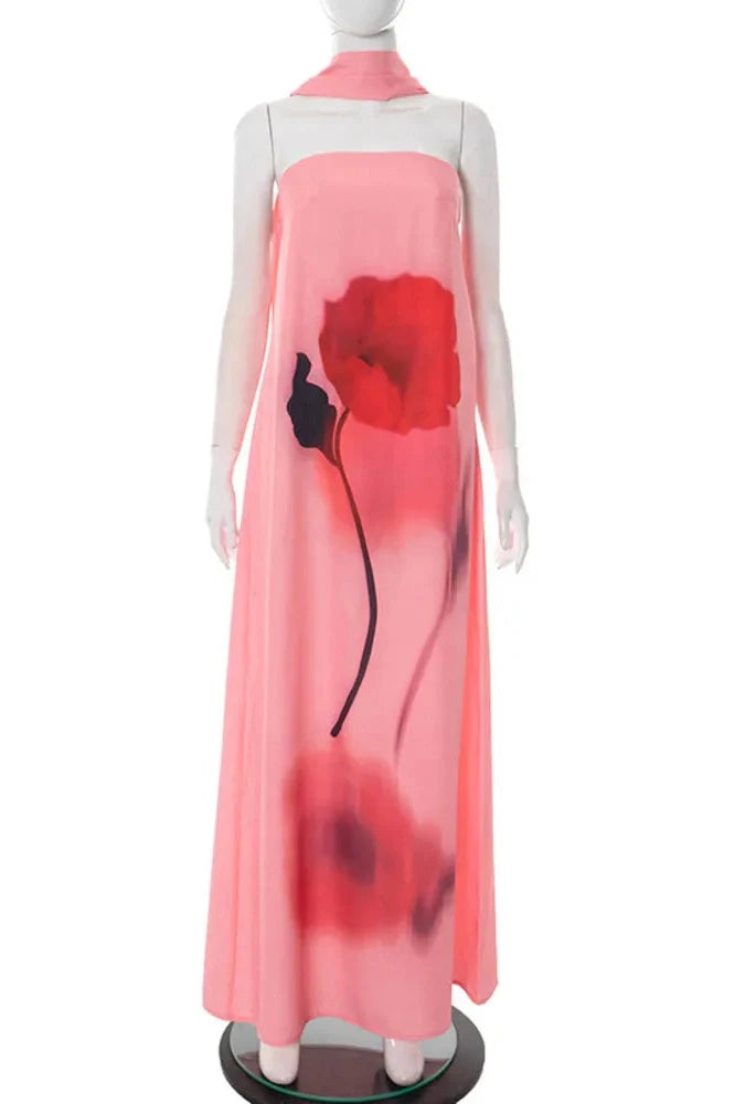 Printed Scarf Collar Off-Shoulder Sleeveless Backless Maxi Dress
