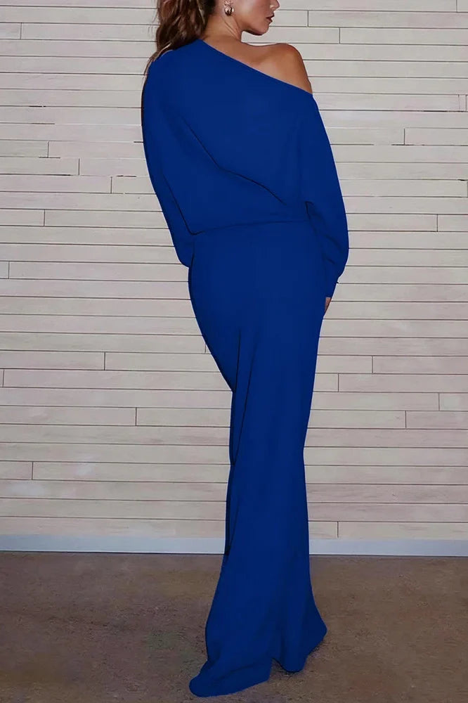 Elegant Long Sleeve Slash Collar Maxi Dress