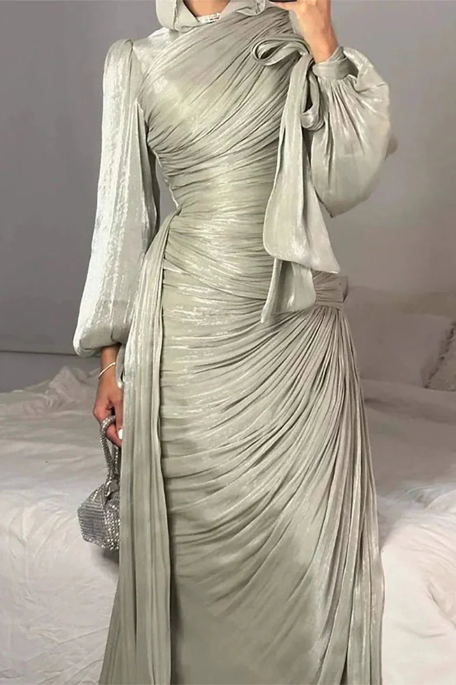 Elegant Long Sleeve High Waist Pleated Slim Maxi Dress