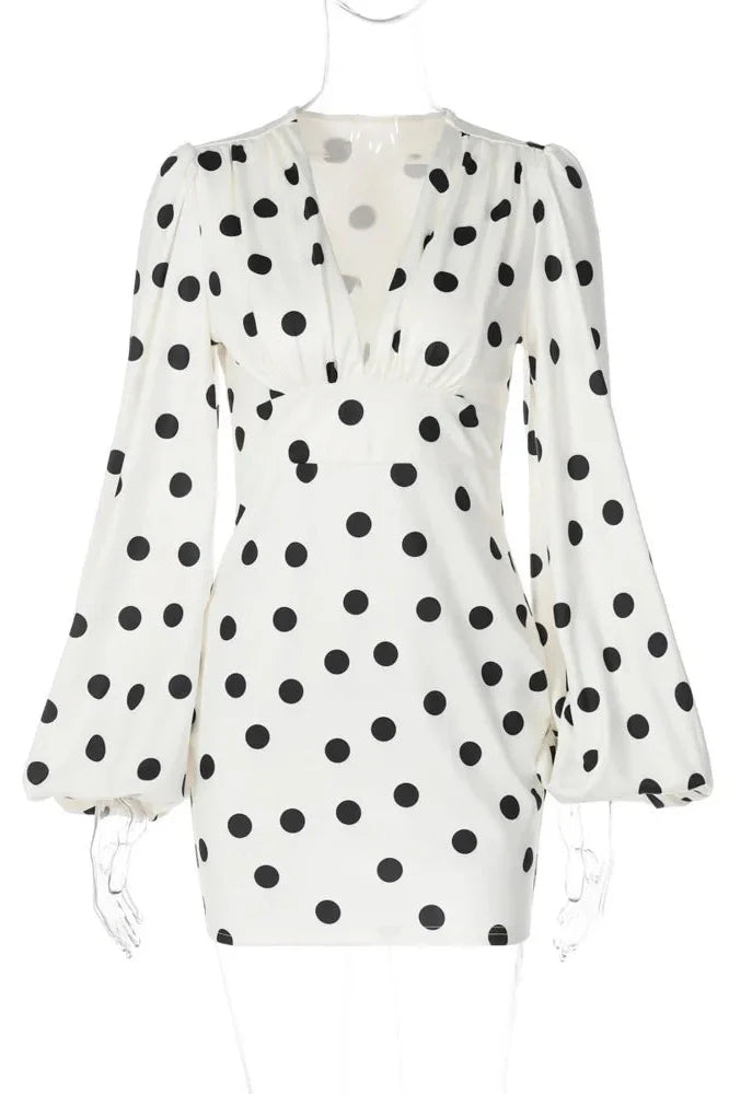 Polka Dot Long Sleeve Deep V Neck High Waist Mini Dress