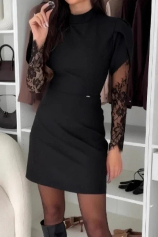 O-Neck Lace Long Sleeve Slim High Waist Pleated A-Line Mini Dress
