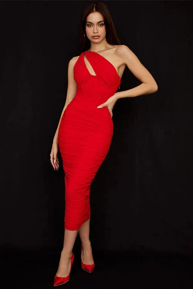 Elegant One Shoulder Sleeveless Backless Midi Dress
