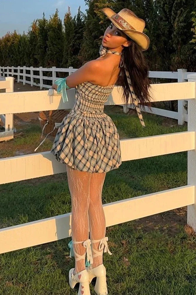 Elegant Floral Plaid Print Straps Mini Dress